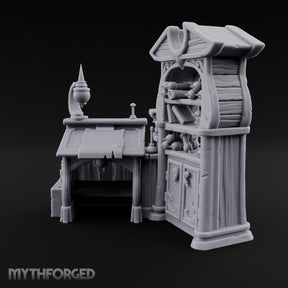 Whispers Filed, Scrolls Stacked Wooden Advisor Desk and Bookcase