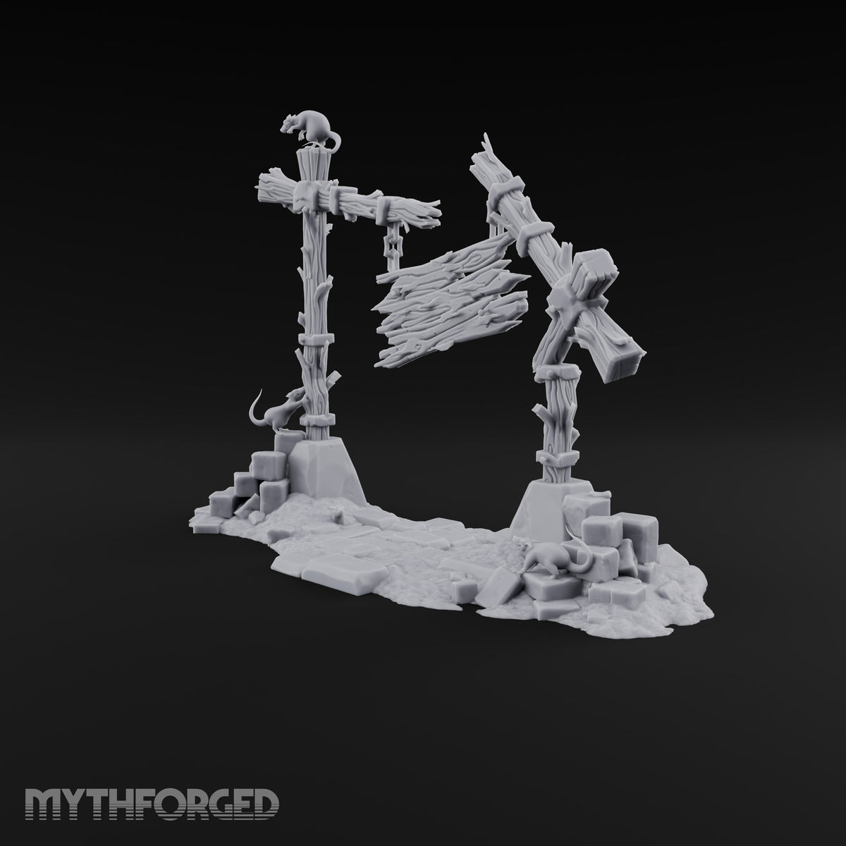 Gatekeepers Left, Rats Stayed Ruined Wooden Gateway with Hanging Signboard, Rats and Stone Rubble on Scenic Base