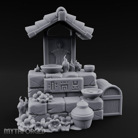 Rune-Inscribed Candle-Flickered Roofed Stone Shrine Altar Miniature for Dungeons and Dragons, Pathfinder or other TTRPGs