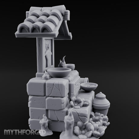 Rune-Inscribed Candle-Flickered Roofed Stone Shrine Altar Miniature for Dungeons and Dragons, Pathfinder or other TTRPGs