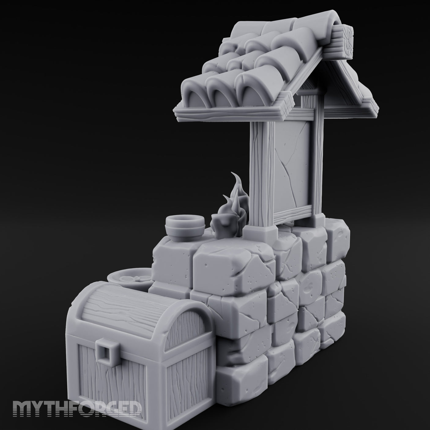 Rune-Inscribed Candle-Flickered Roofed Stone Shrine Altar Miniature for Dungeons and Dragons, Pathfinder or other TTRPGs