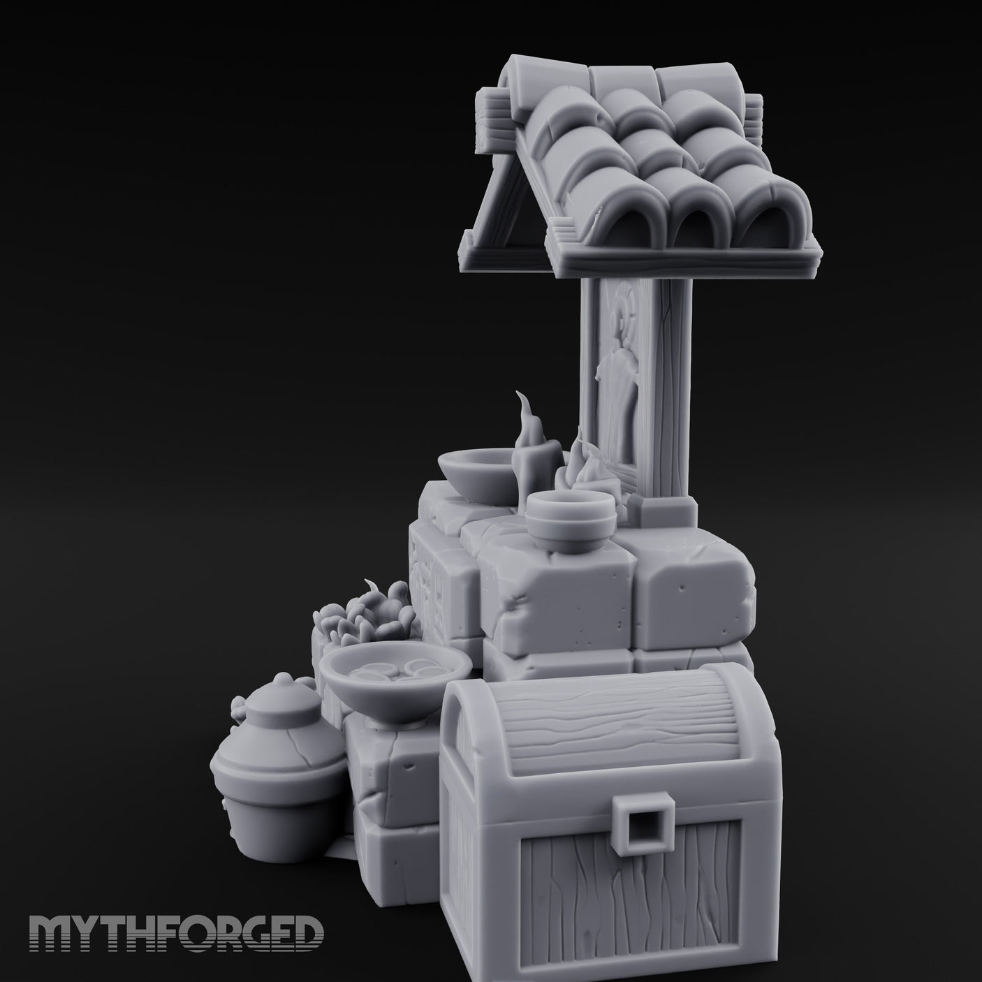 Rune-Inscribed Candle-Flickered Roofed Stone Shrine Altar Miniature for Dungeons and Dragons, Pathfinder or other TTRPGs