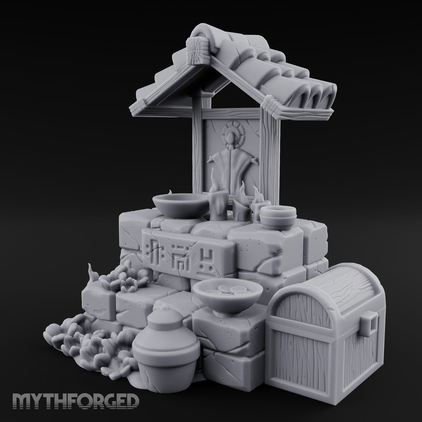 Rune-Inscribed Candle-Flickered Roofed Stone Shrine Altar Miniature for Dungeons and Dragons, Pathfinder or other TTRPGs