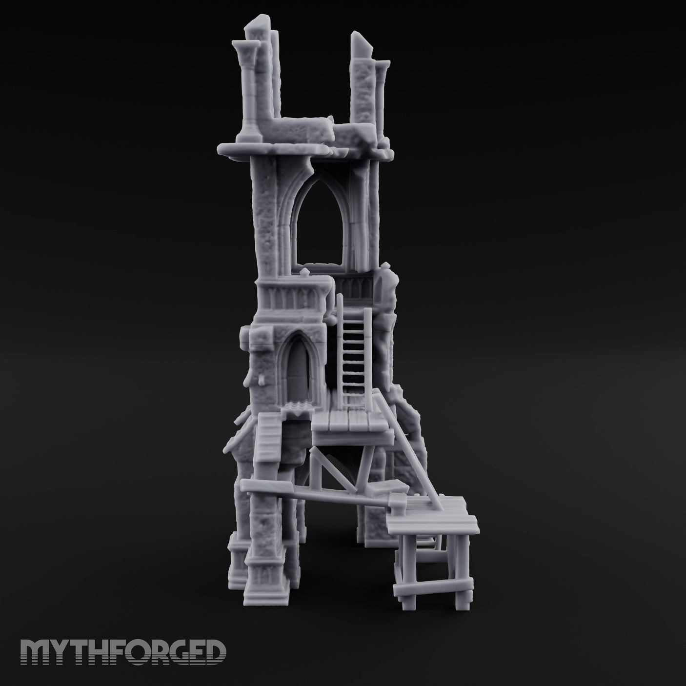 Scaffold-Wrapped Spire-Cleaved Gothic Tower Ruins Miniature for Dungeons and Dragons, Pathfinder or other TTRPGs