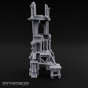 Scaffold-Wrapped Spire-Cleaved Gothic Tower Ruins Miniature for Dungeons and Dragons, Pathfinder or other TTRPGs