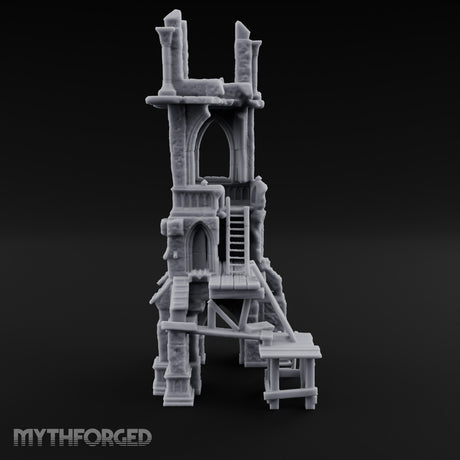 Scaffold-Wrapped Spire-Cleaved Gothic Tower Ruins Miniature for Dungeons and Dragons, Pathfinder or other TTRPGs
