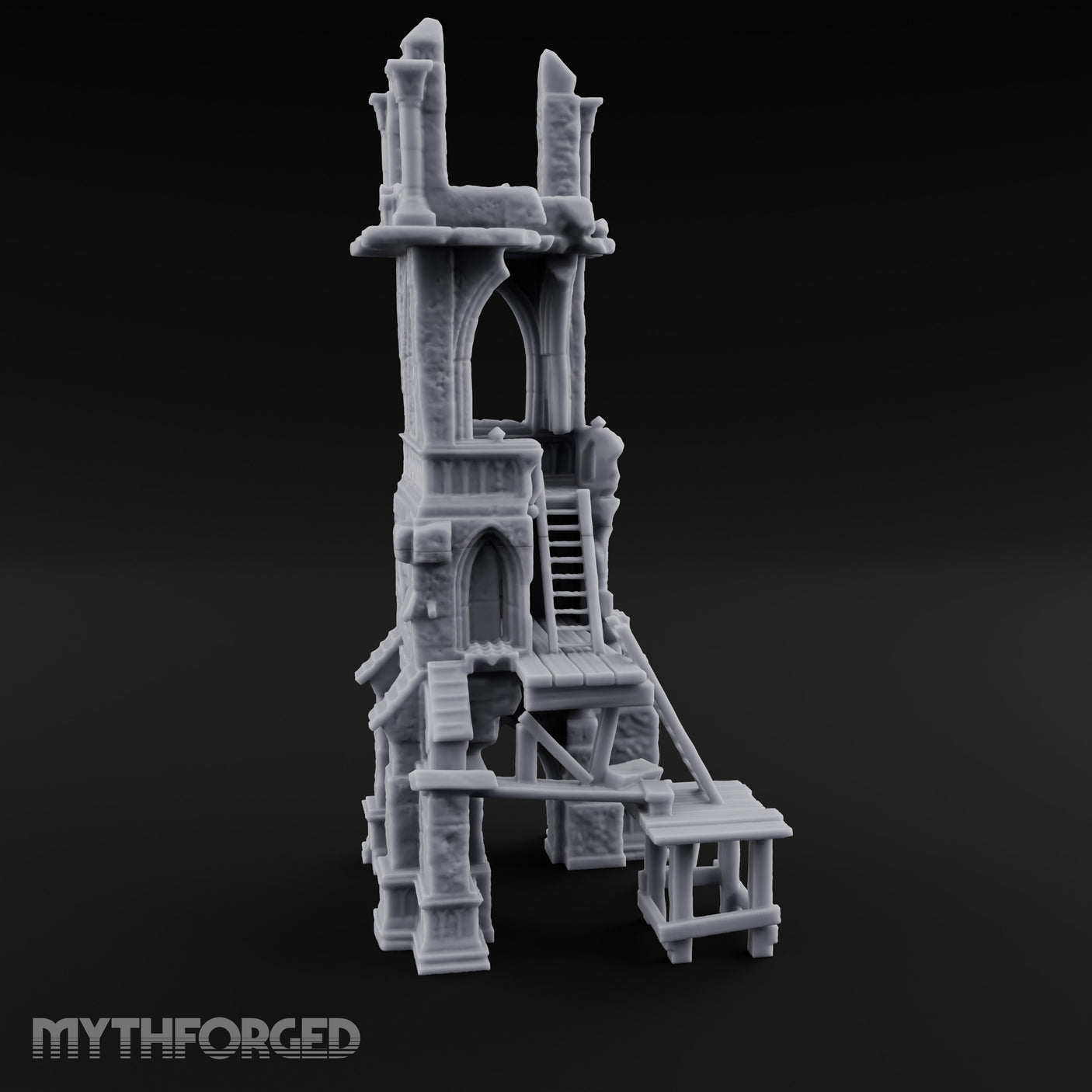 Scaffold-Wrapped Spire-Cleaved Gothic Tower Ruins Miniature for Dungeons and Dragons, Pathfinder or other TTRPGs