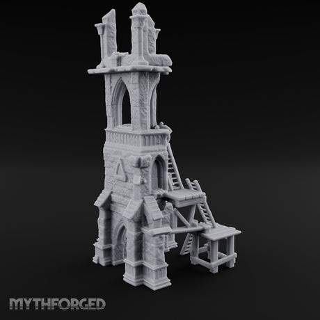 Scaffold-Wrapped Spire-Cleaved Gothic Tower Ruins Miniature for Dungeons and Dragons, Pathfinder or other TTRPGs