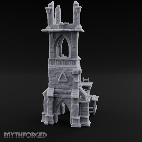 Scaffold-Wrapped Spire-Cleaved Gothic Tower Ruins Miniature for Dungeons and Dragons, Pathfinder or other TTRPGs