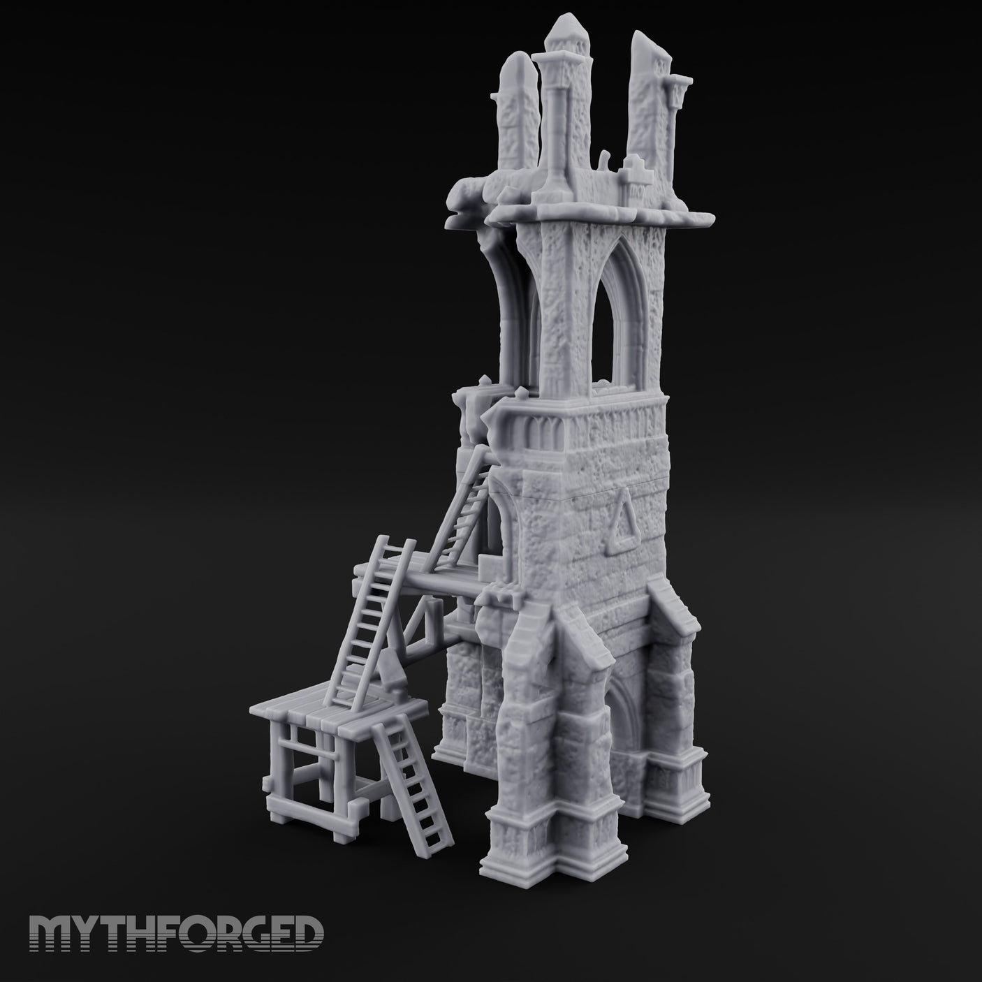 Scaffold-Wrapped Spire-Cleaved Gothic Tower Ruins Miniature for Dungeons and Dragons, Pathfinder or other TTRPGs