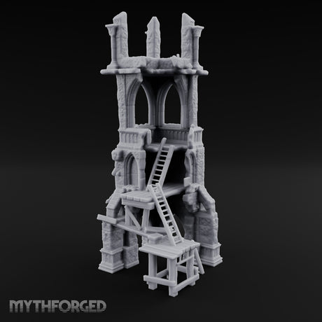 Scaffold-Wrapped Spire-Cleaved Gothic Tower Ruins Miniature for Dungeons and Dragons, Pathfinder or other TTRPGs