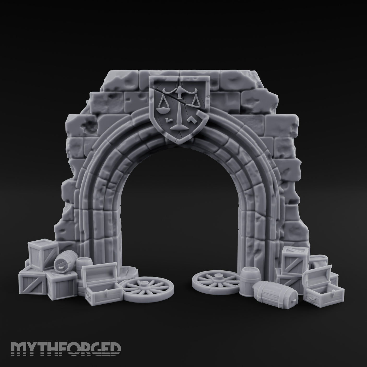 Scales-Crested Cobblestone-Framed Market Archway with Scatter Miniature for Dungeons and Dragons, Pathfinder or other TTRPGs