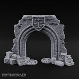 Scales-Crested Cobblestone-Framed Market Archway with Scatter Miniature for Dungeons and Dragons, Pathfinder or other TTRPGs