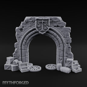Scales-Crested Cobblestone-Framed Market Archway with Scatter Miniature for Dungeons and Dragons, Pathfinder or other TTRPGs