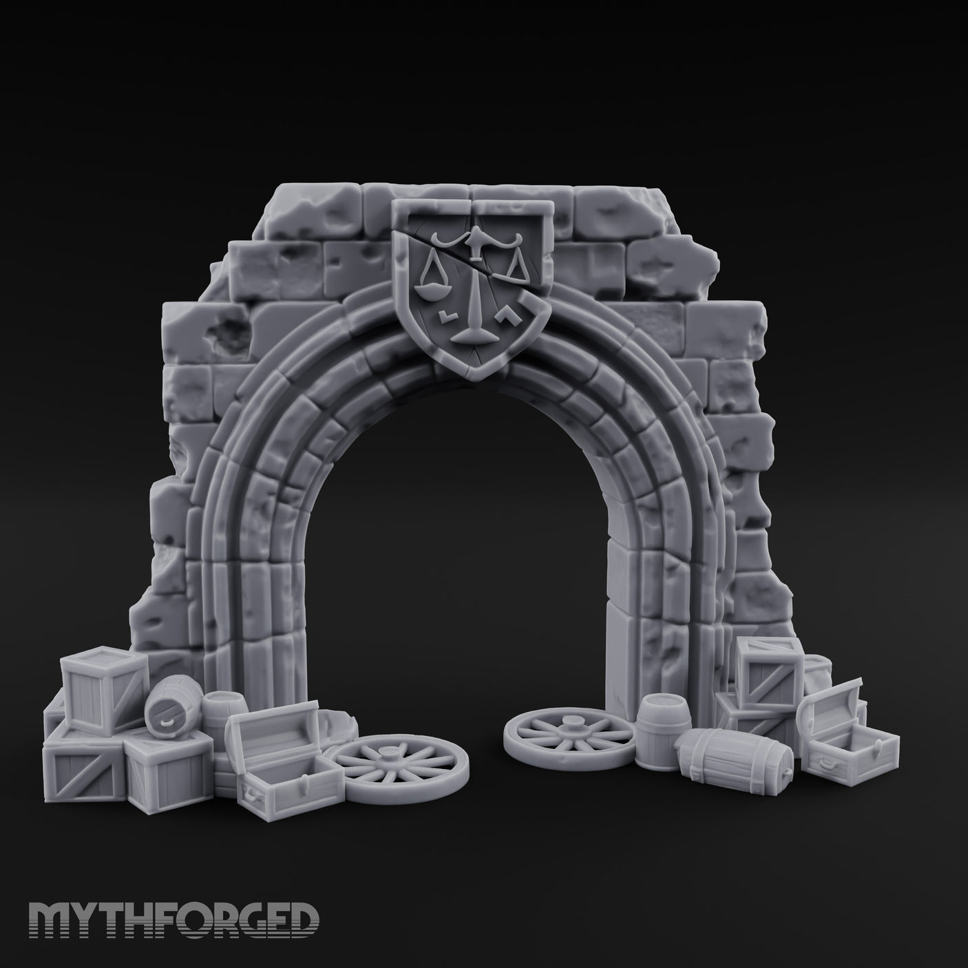 Scales-Crested Cobblestone-Framed Market Archway with Scatter Miniature for Dungeons and Dragons, Pathfinder or other TTRPGs