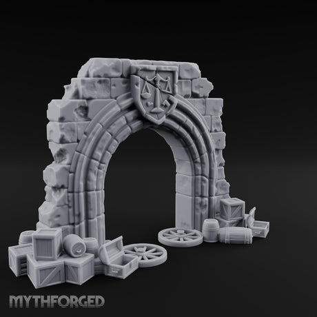 Scales-Crested Cobblestone-Framed Market Archway with Scatter Miniature for Dungeons and Dragons, Pathfinder or other TTRPGs