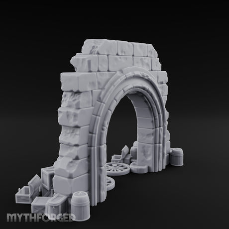 Scales-Crested Cobblestone-Framed Market Archway with Scatter Miniature for Dungeons and Dragons, Pathfinder or other TTRPGs