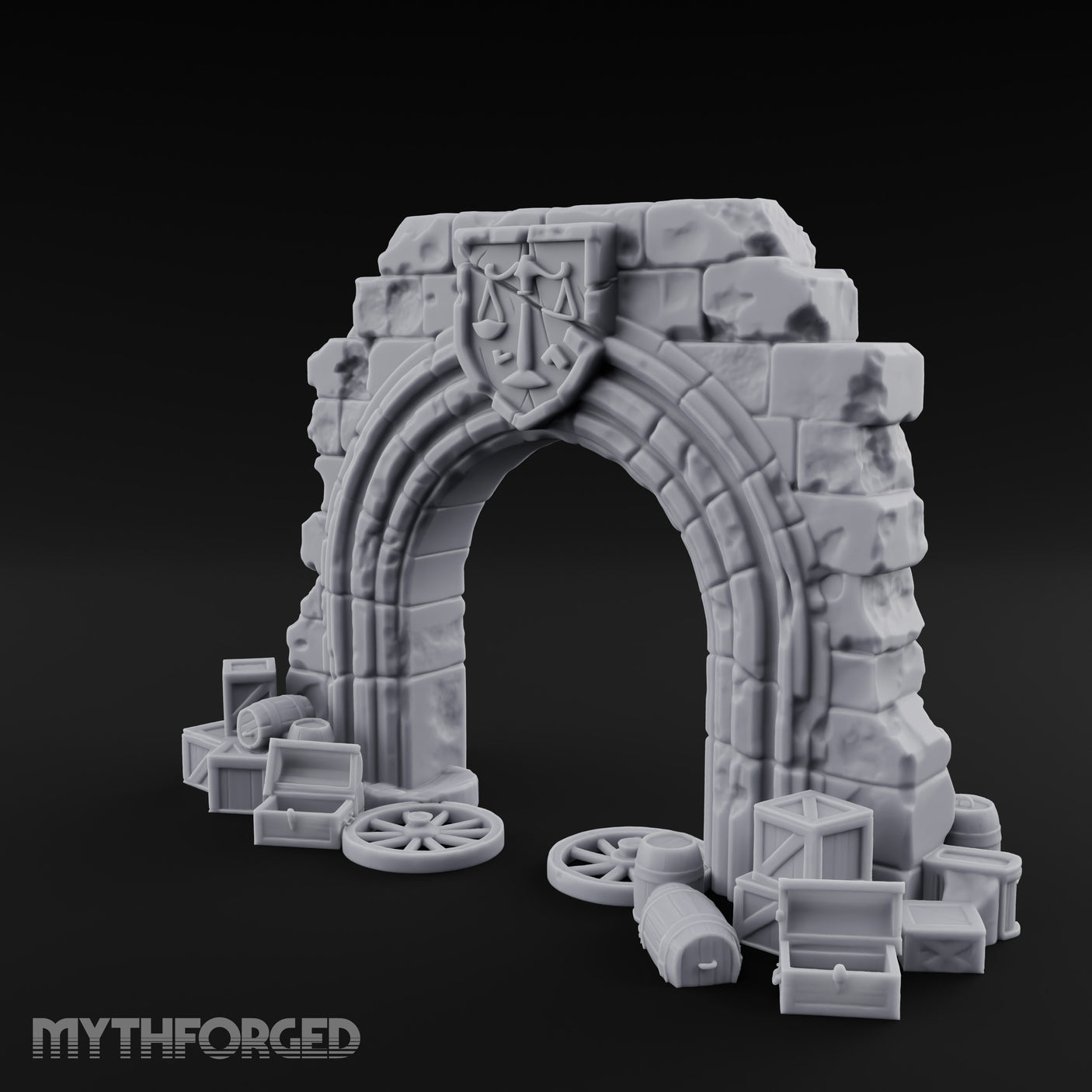 Scales-Crested Cobblestone-Framed Market Archway with Scatter Miniature for Dungeons and Dragons, Pathfinder or other TTRPGs