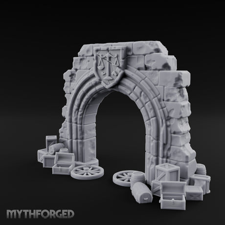 Scales-Crested Cobblestone-Framed Market Archway with Scatter Miniature for Dungeons and Dragons, Pathfinder or other TTRPGs