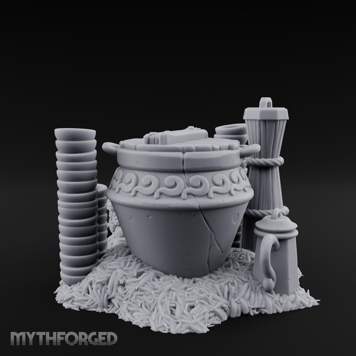 Scroll-Carved Straw-Nestled Cracked Urn Scene Miniature for Dungeons and Dragons, Pathfinder or other TTRPGs