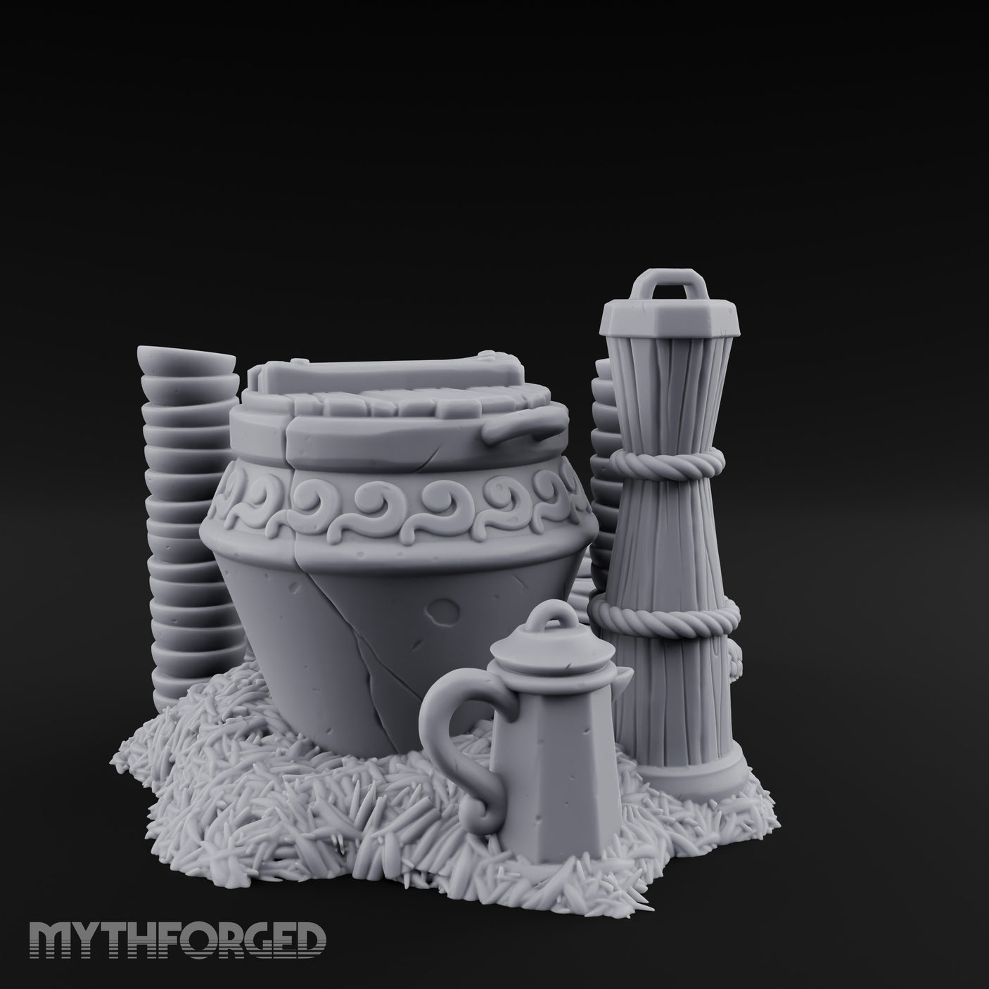 Scroll-Carved Straw-Nestled Cracked Urn Scene Miniature for Dungeons and Dragons, Pathfinder or other TTRPGs