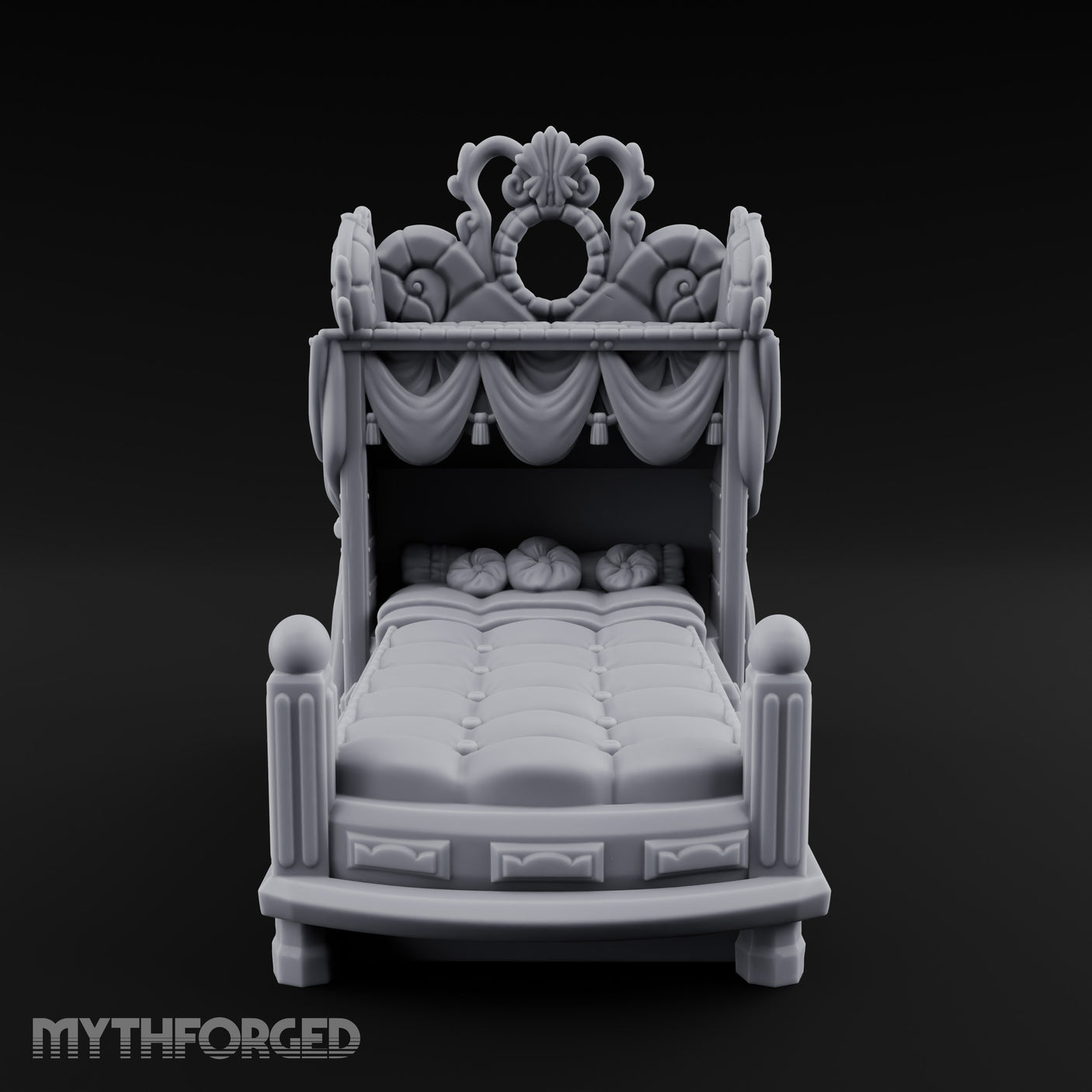 Scroll-Carved Tasseled-Canopy Noble Four-Poster Bed Miniature for Dungeons and Dragons, Pathfinder or other TTRPGs
