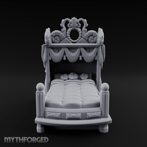 Scroll-Carved Tasseled-Canopy Noble Four-Poster Bed Miniature for Dungeons and Dragons, Pathfinder or other TTRPGs