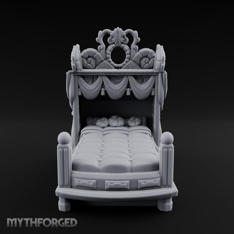Scroll-Carved Tasseled-Canopy Noble Four-Poster Bed Miniature for Dungeons and Dragons, Pathfinder or other TTRPGs