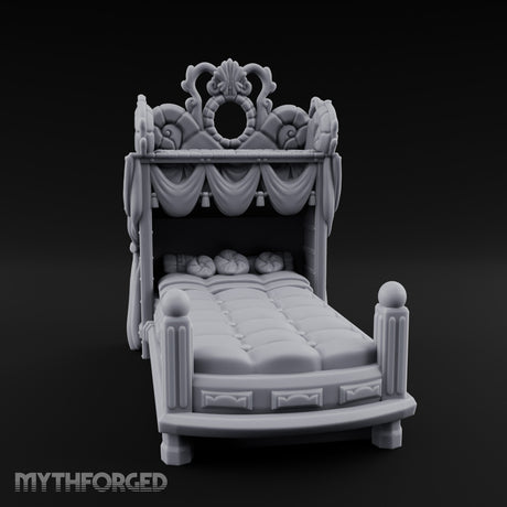Scroll-Carved Tasseled-Canopy Noble Four-Poster Bed Miniature for Dungeons and Dragons, Pathfinder or other TTRPGs