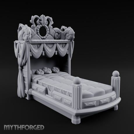 Scroll-Carved Tasseled-Canopy Noble Four-Poster Bed Miniature for Dungeons and Dragons, Pathfinder or other TTRPGs