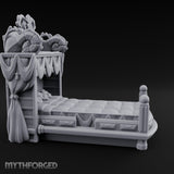 Scroll-Carved Tasseled-Canopy Noble Four-Poster Bed Miniature for Dungeons and Dragons, Pathfinder or other TTRPGs