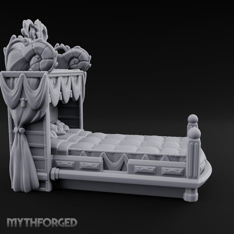 Scroll-Carved Tasseled-Canopy Noble Four-Poster Bed Miniature for Dungeons and Dragons, Pathfinder or other TTRPGs