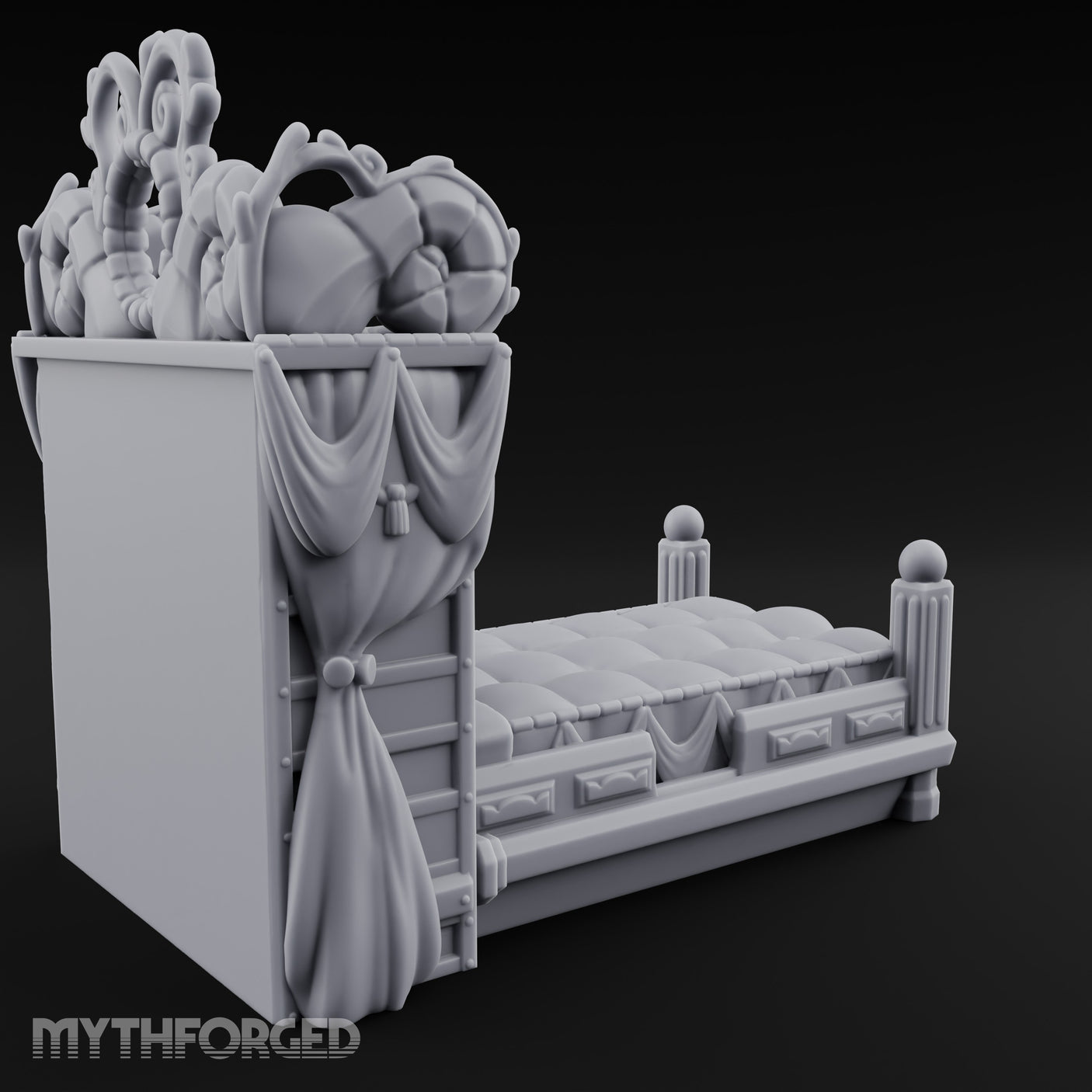 Scroll-Carved Tasseled-Canopy Noble Four-Poster Bed Miniature for Dungeons and Dragons, Pathfinder or other TTRPGs