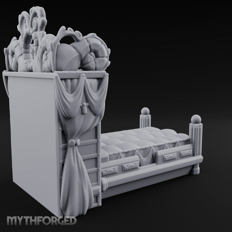Scroll-Carved Tasseled-Canopy Noble Four-Poster Bed Miniature for Dungeons and Dragons, Pathfinder or other TTRPGs