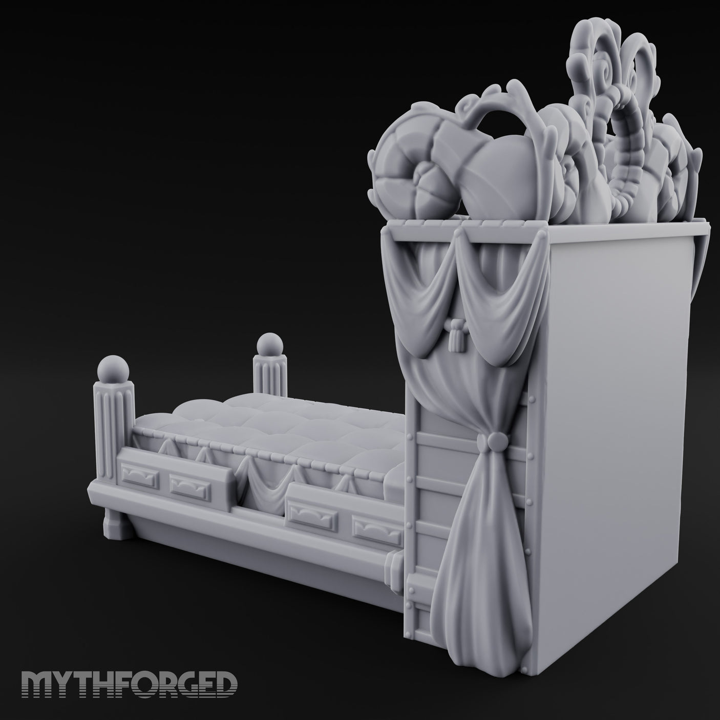 Scroll-Carved Tasseled-Canopy Noble Four-Poster Bed Miniature for Dungeons and Dragons, Pathfinder or other TTRPGs