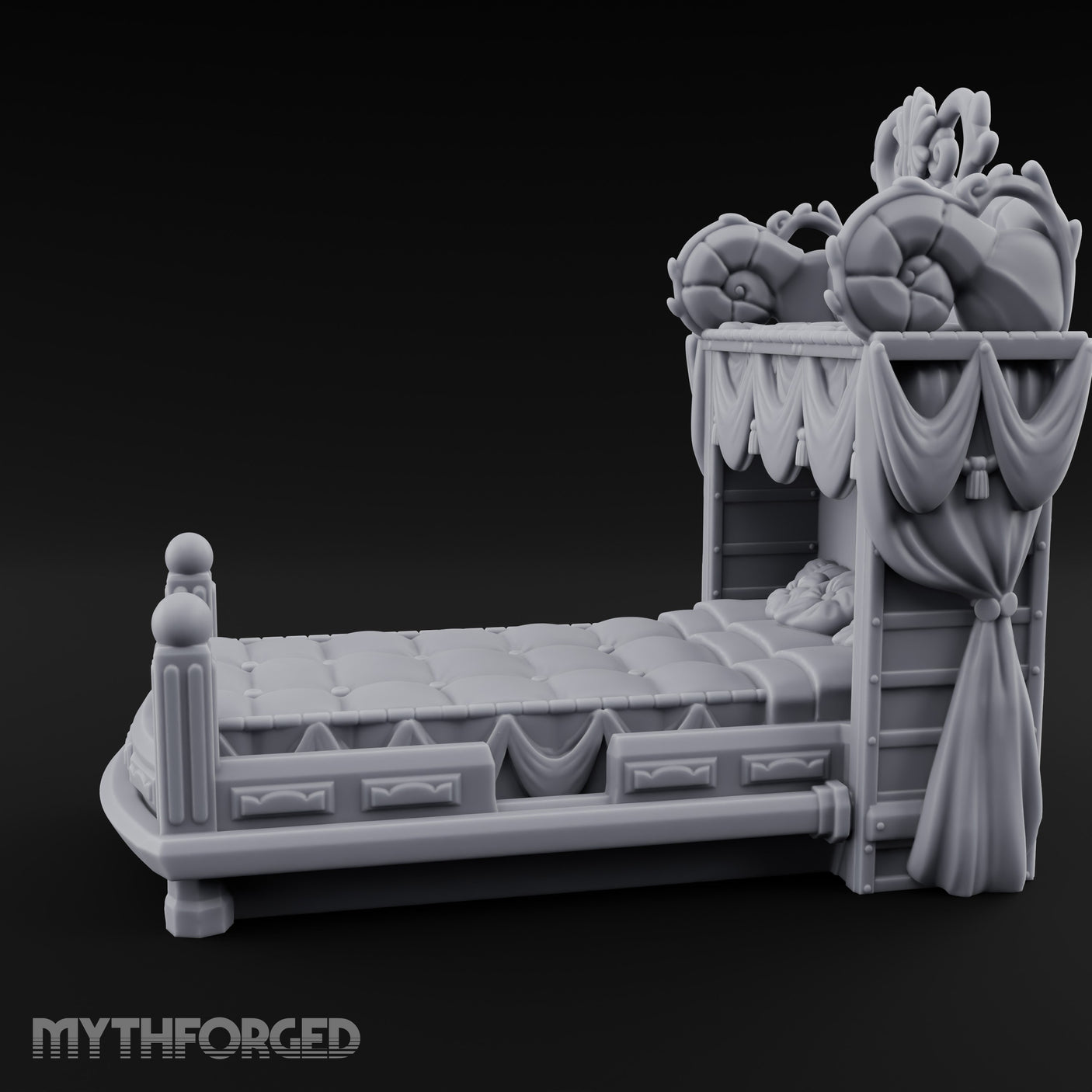 Scroll-Carved Tasseled-Canopy Noble Four-Poster Bed Miniature for Dungeons and Dragons, Pathfinder or other TTRPGs