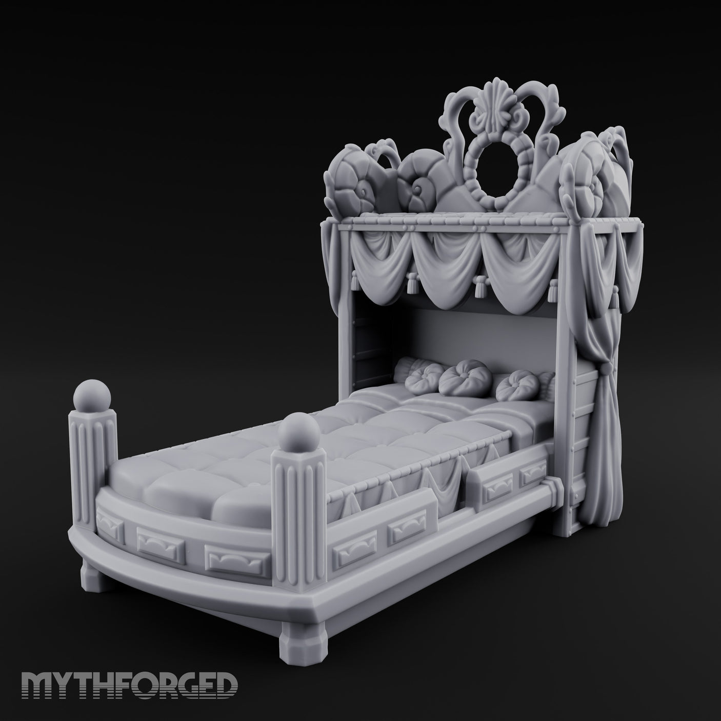 Scroll-Carved Tasseled-Canopy Noble Four-Poster Bed Miniature for Dungeons and Dragons, Pathfinder or other TTRPGs