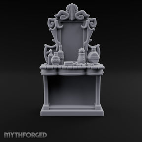 Scroll-Framed Potion-Scattered Noble Vanity Dresser Miniature for Dungeons and Dragons, Pathfinder or other TTRPGs