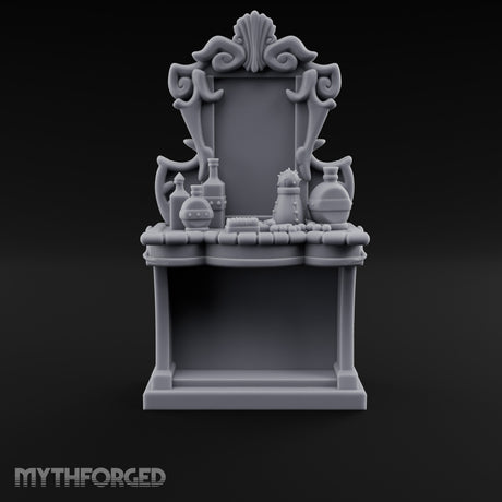 Scroll-Framed Potion-Scattered Noble Vanity Dresser Miniature for Dungeons and Dragons, Pathfinder or other TTRPGs