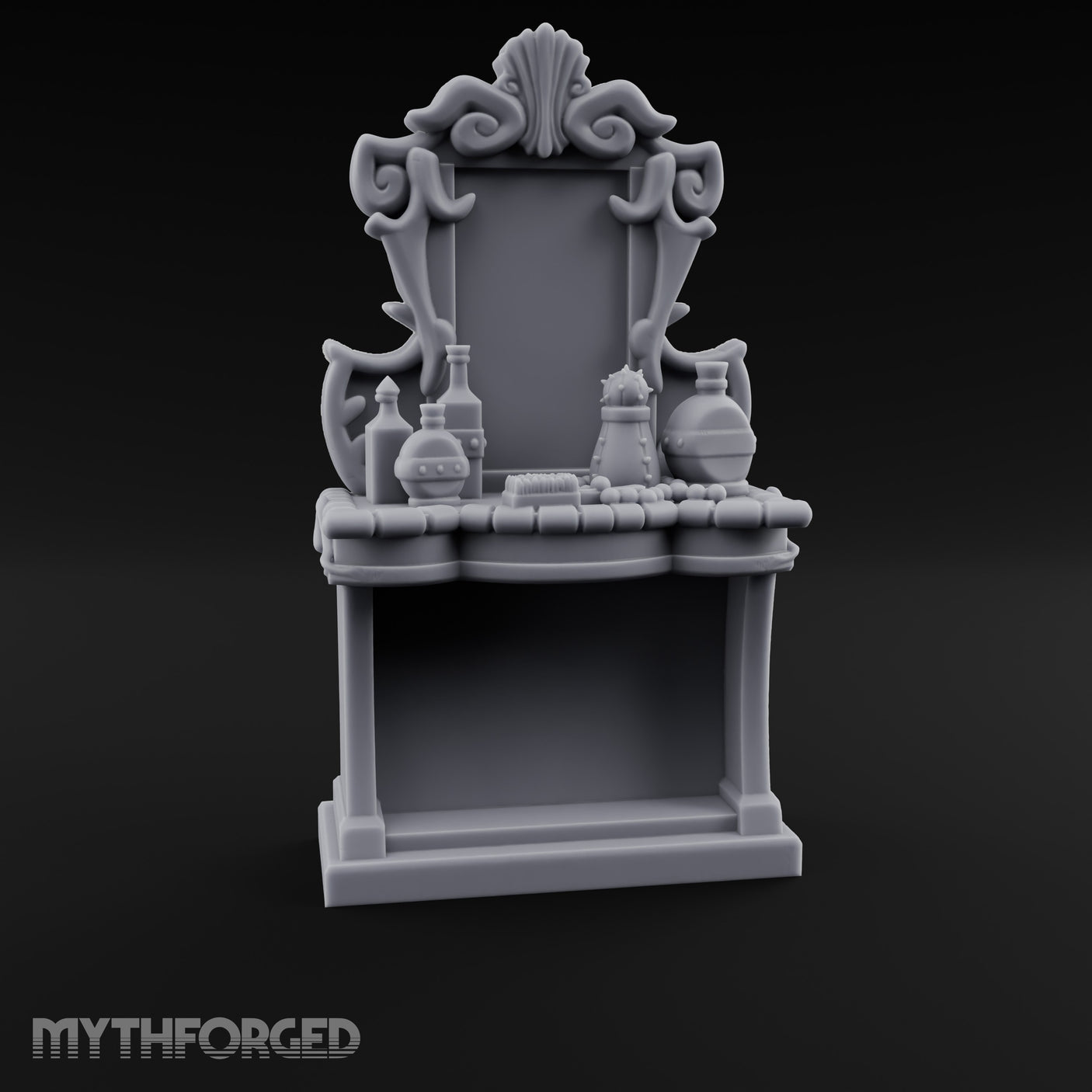 Scroll-Framed Potion-Scattered Noble Vanity Dresser Miniature for Dungeons and Dragons, Pathfinder or other TTRPGs