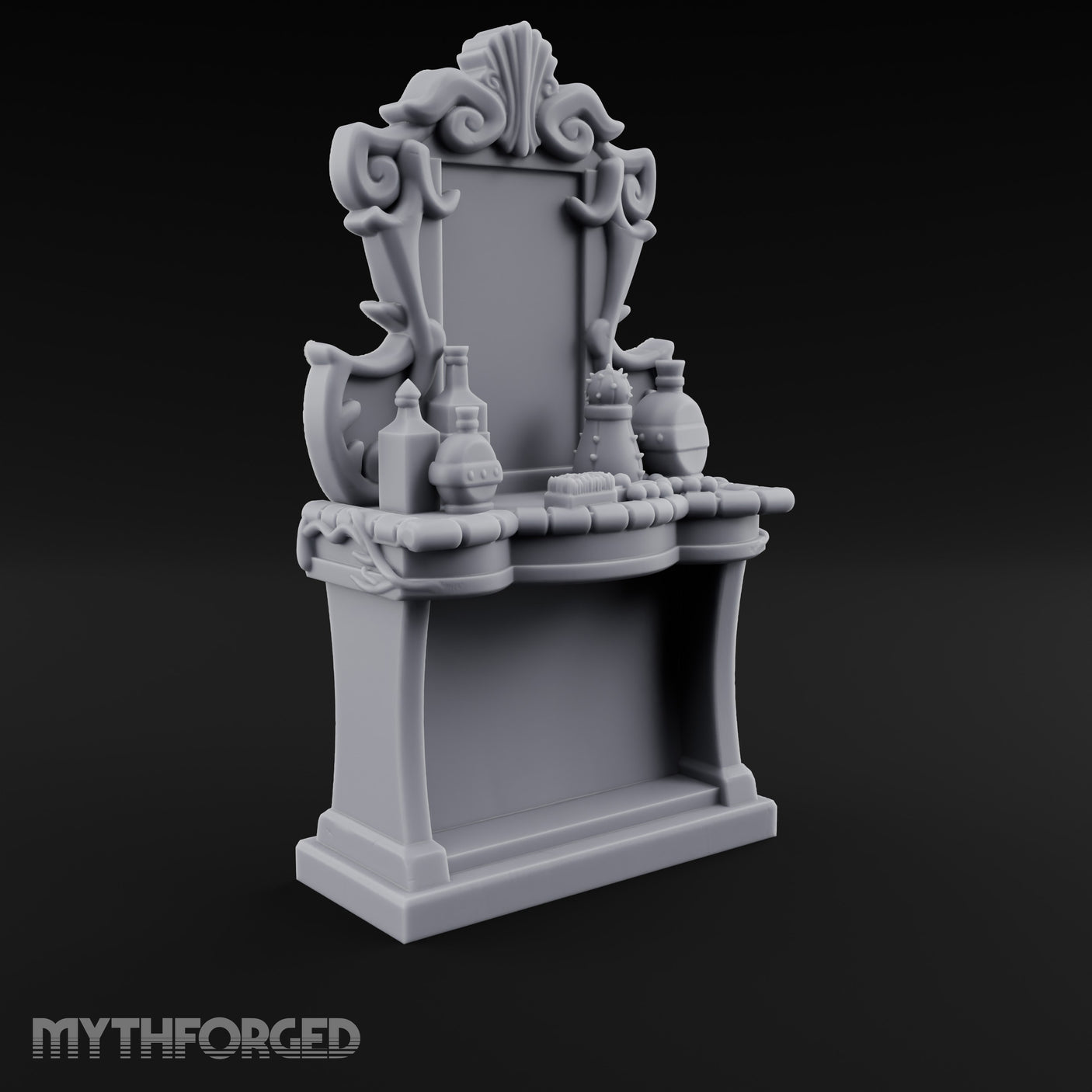 Scroll-Framed Potion-Scattered Noble Vanity Dresser Miniature for Dungeons and Dragons, Pathfinder or other TTRPGs