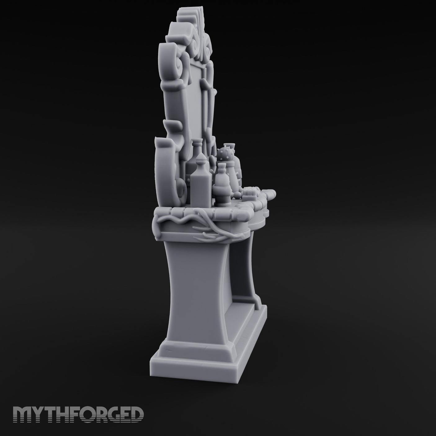Scroll-Framed Potion-Scattered Noble Vanity Dresser Miniature for Dungeons and Dragons, Pathfinder or other TTRPGs