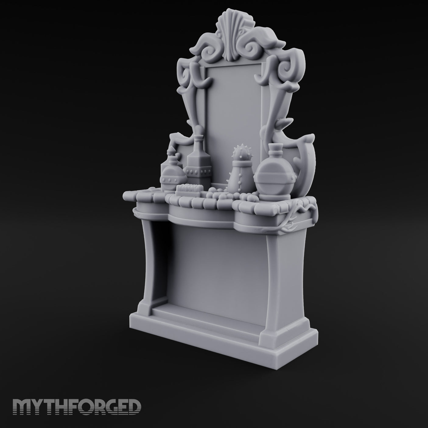 Scroll-Framed Potion-Scattered Noble Vanity Dresser Miniature for Dungeons and Dragons, Pathfinder or other TTRPGs