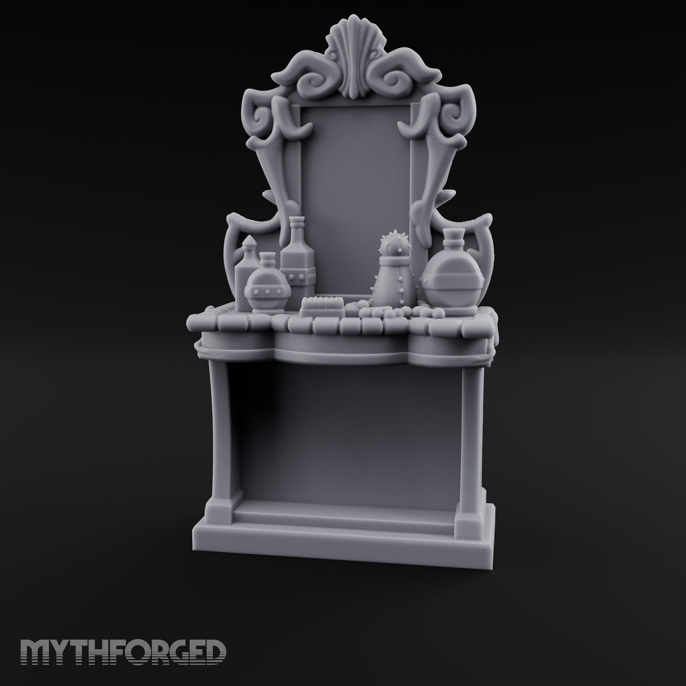 Scroll-Framed Potion-Scattered Noble Vanity Dresser Miniature for Dungeons and Dragons, Pathfinder or other TTRPGs