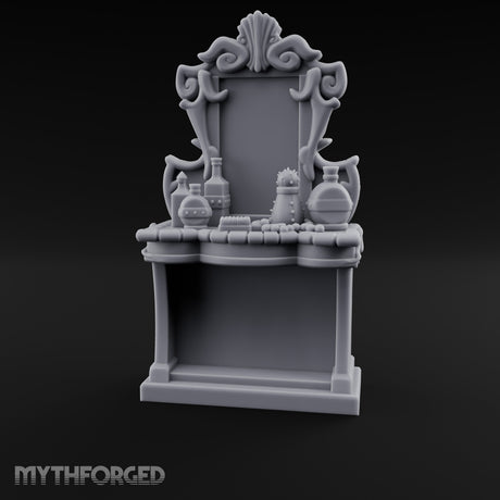 Scroll-Framed Potion-Scattered Noble Vanity Dresser Miniature for Dungeons and Dragons, Pathfinder or other TTRPGs