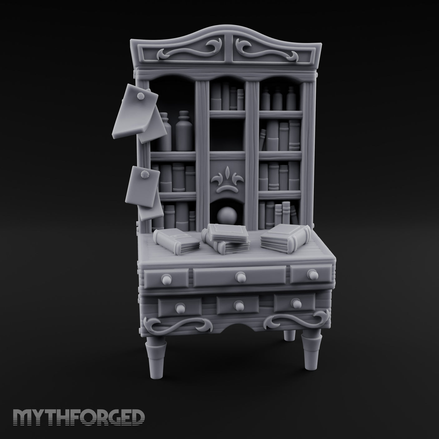 Scroll-Pinned Fleur-Carved Scholar's Bureau Bookcase gallery 1