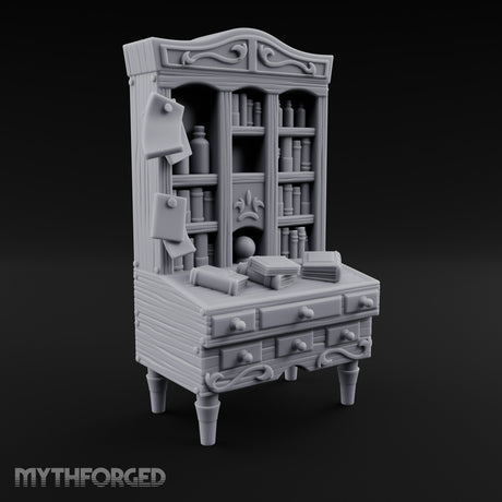 Scroll-Pinned Fleur-Carved Scholar's Bureau Bookcase Miniature for Dungeons and Dragons, Pathfinder or other TTRPGs