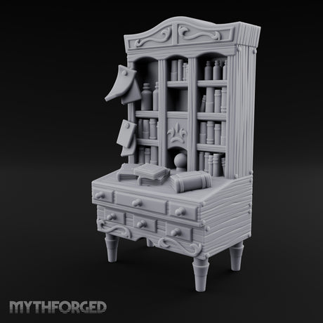 Scroll-Pinned Fleur-Carved Scholar's Bureau Bookcase Miniature for Dungeons and Dragons, Pathfinder or other TTRPGs