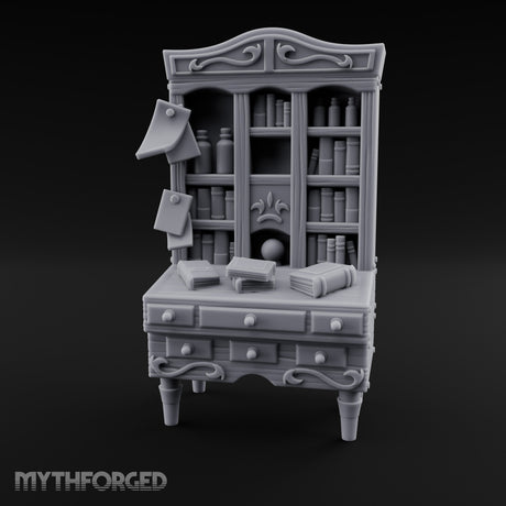 Scroll-Pinned Fleur-Carved Scholar's Bureau Bookcase Miniature for Dungeons and Dragons, Pathfinder or other TTRPGs