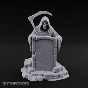 Scythe-Bearing Shroud-Draped Grim Reaper Gravestone Miniature for Dungeons and Dragons, Pathfinder or other TTRPGs